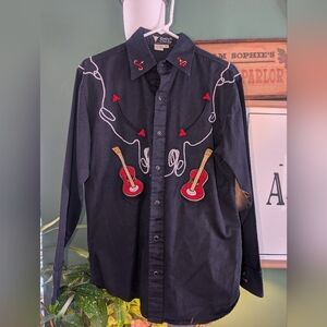 Vintage Men’s Buffalo Country Western Wear Shirt Guitar Embroidered Rope Black M